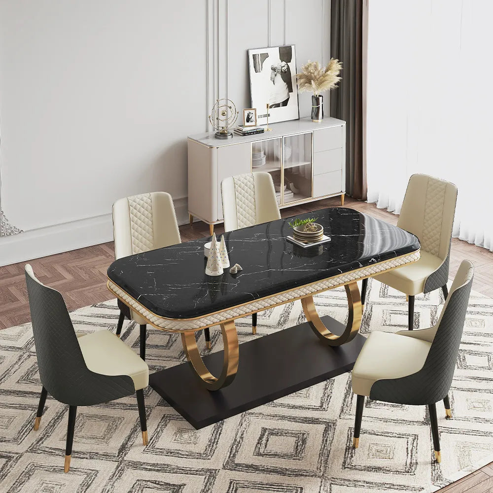 Table à manger moderne en faux marbre noir de 55 po pour 4 personnes