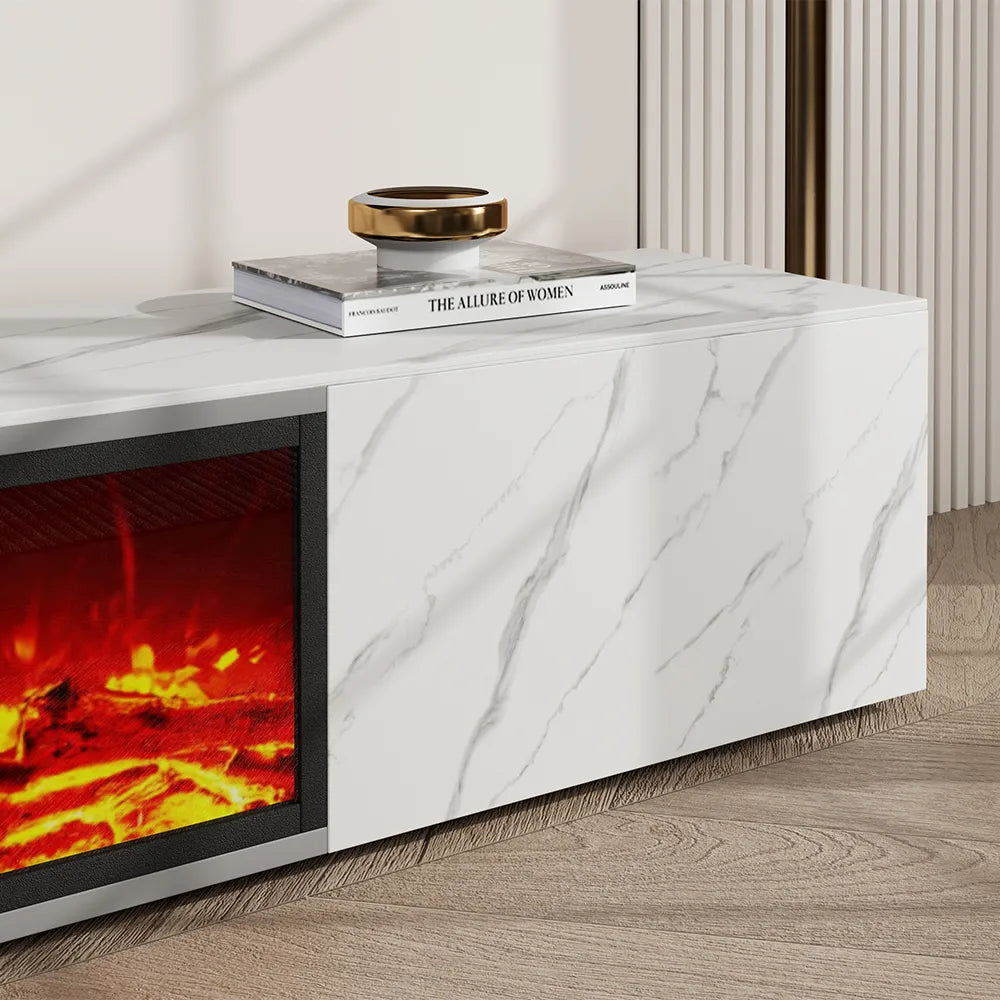 Meuble TV avec cheminée électrique de luxe moderne et lumineuse avec effets de flamme LED