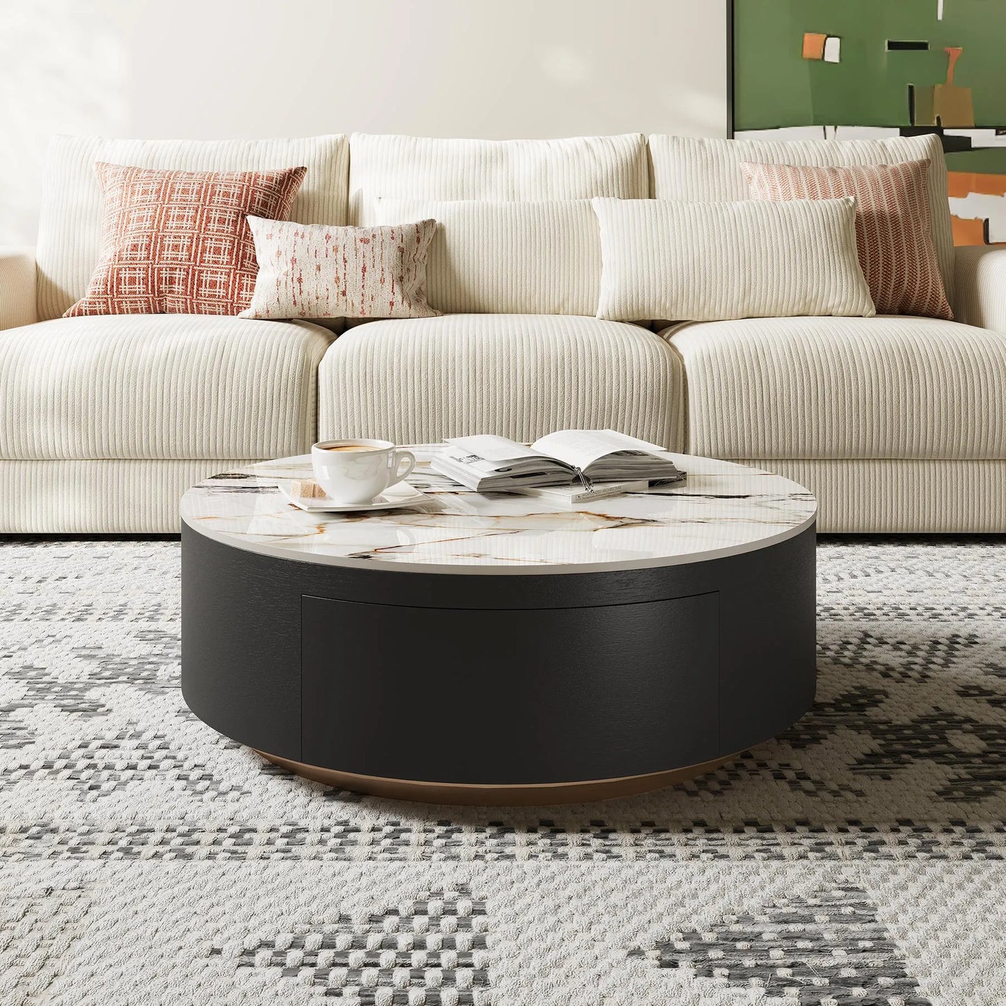 Table basse ronde en pierre frittée de 35 pouces avec rangement