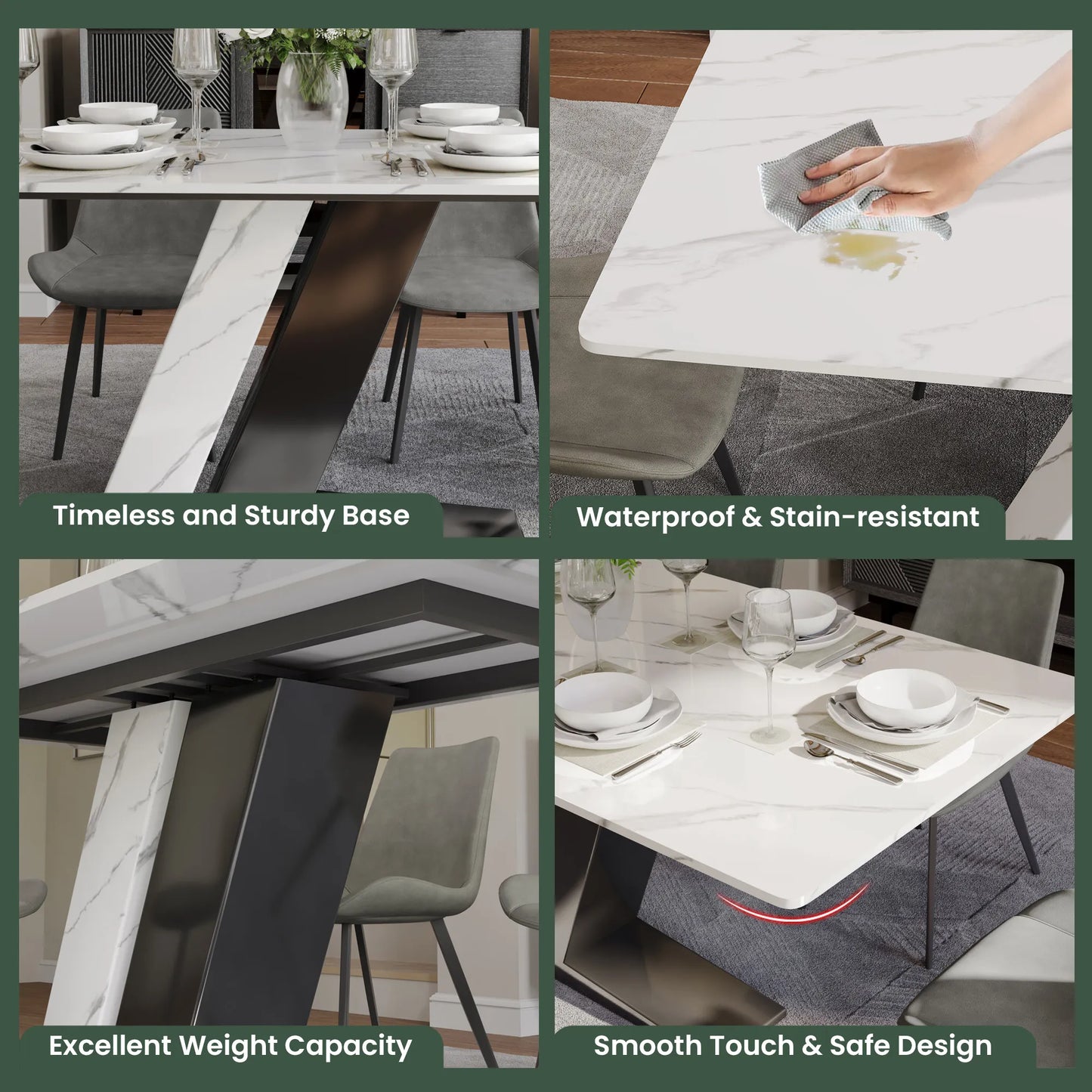 Table à manger rectangulaire blanche de luxe moderne de 71 po pour 4 à 6 personnes