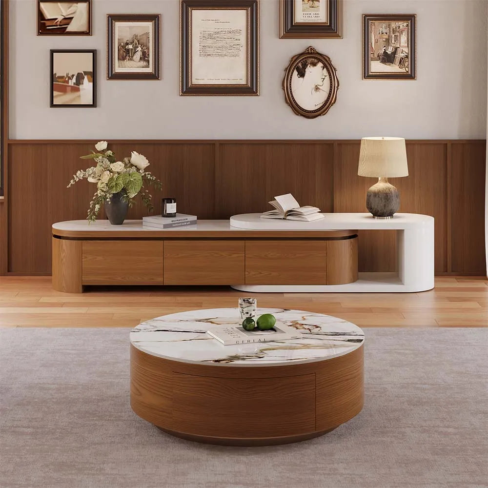 Table basse ronde en pierre frittée de 35 pouces avec rangement