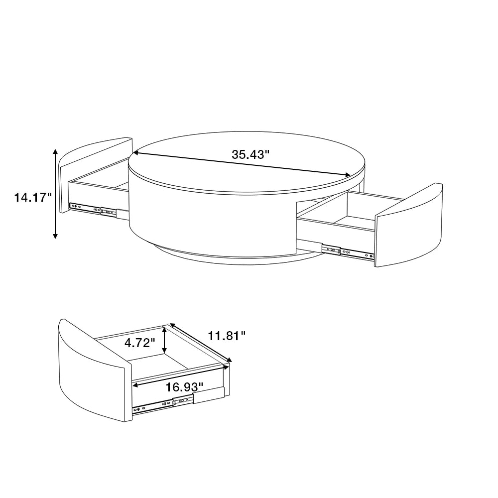 Table basse ronde en pierre frittée de 35 pouces avec rangement