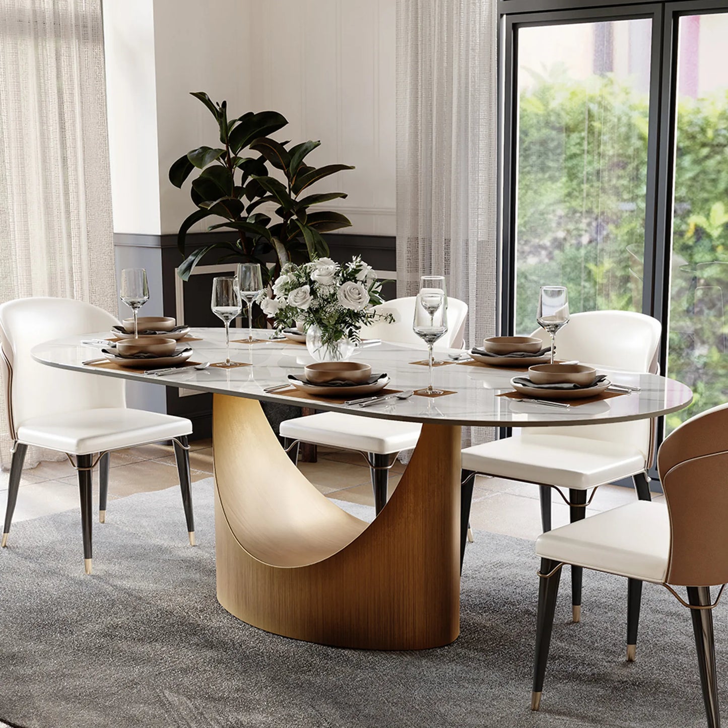 Hobart - Table à manger ovale en pierre frittée brillante