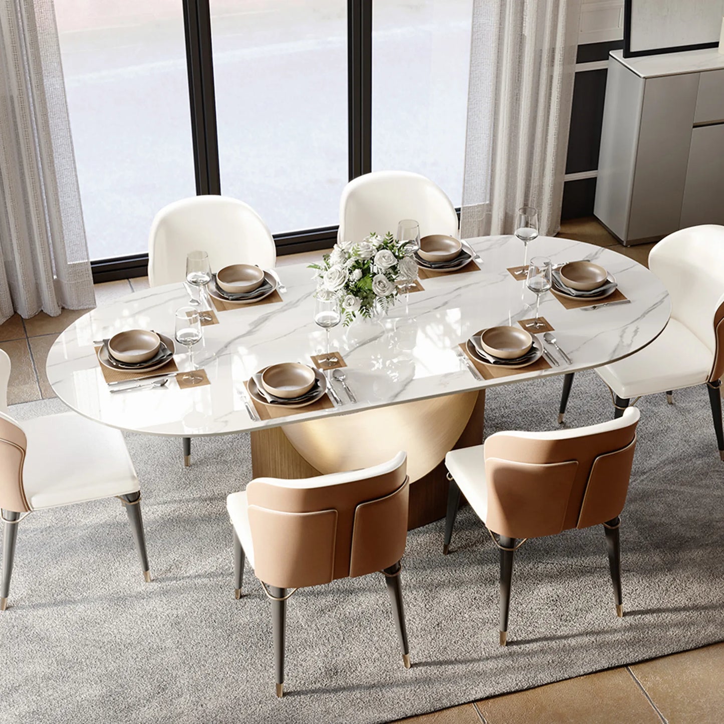 Hobart - Table à manger ovale en pierre frittée brillante
