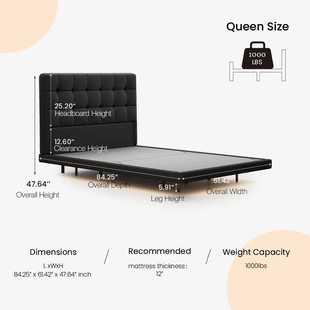 Cadre de lit flottant Queen Size moderne avec lumières LED à capteur