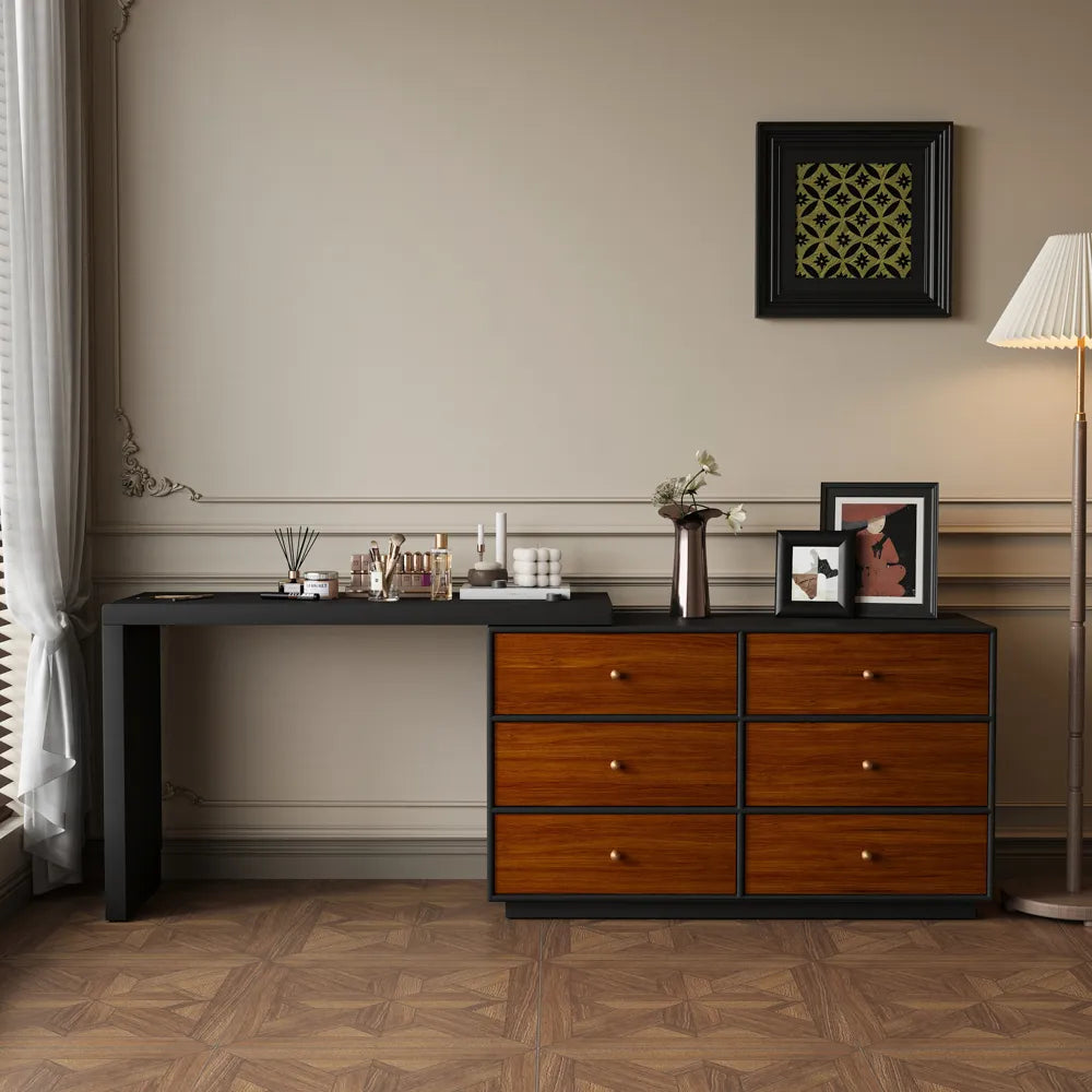 Mid-Century Modern Retractable Large Vanity Desk Set with 6 Drawers Early Black Friday