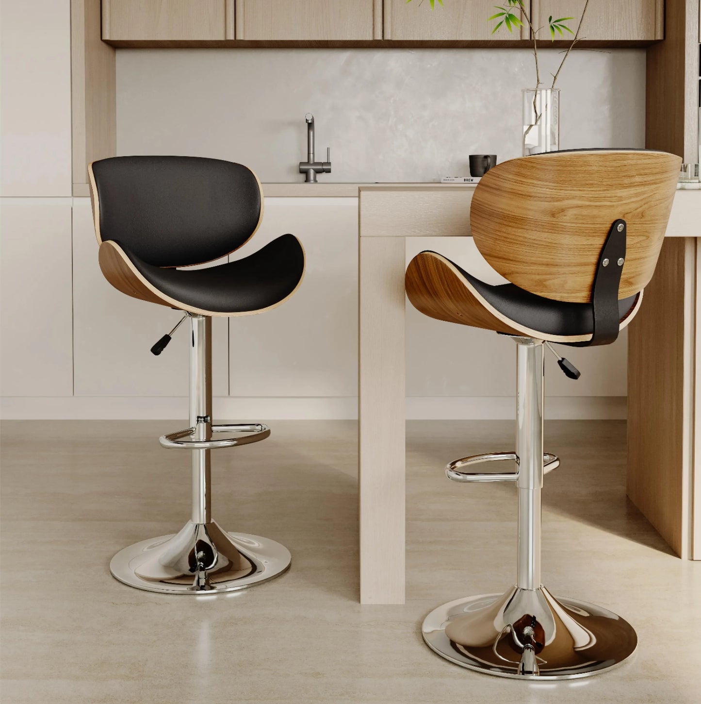 Contemporary Wooden Adjustable Leather Swivel Bar Stools Set of 2