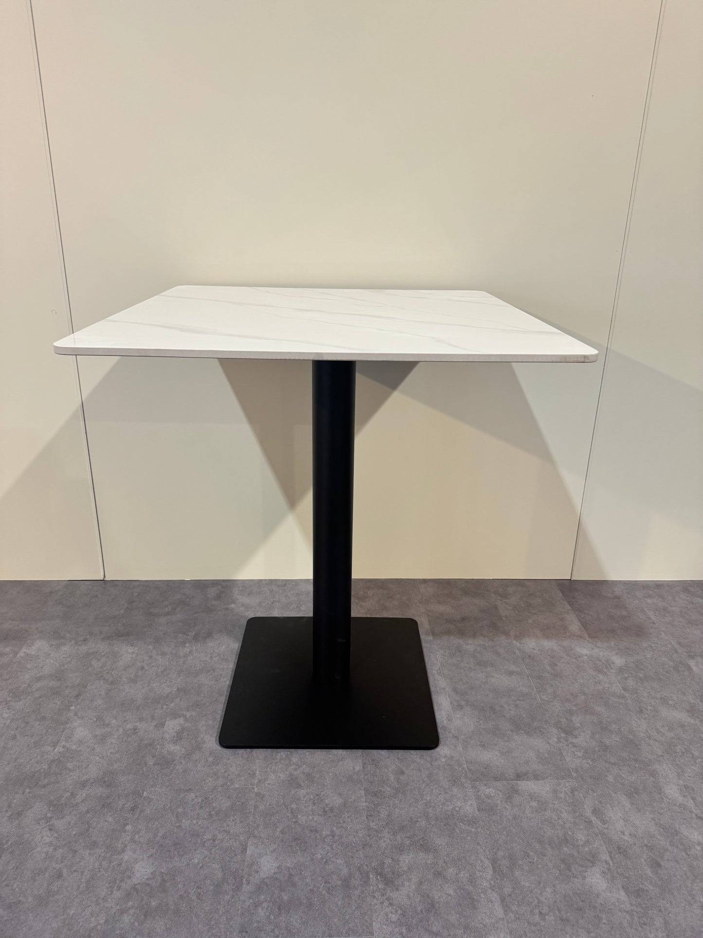 27.5” x 25.5” Sintered Stone Dining Table – Glossy White Sintered stone Top with Black Metal Base | Commercial Restaurant Table