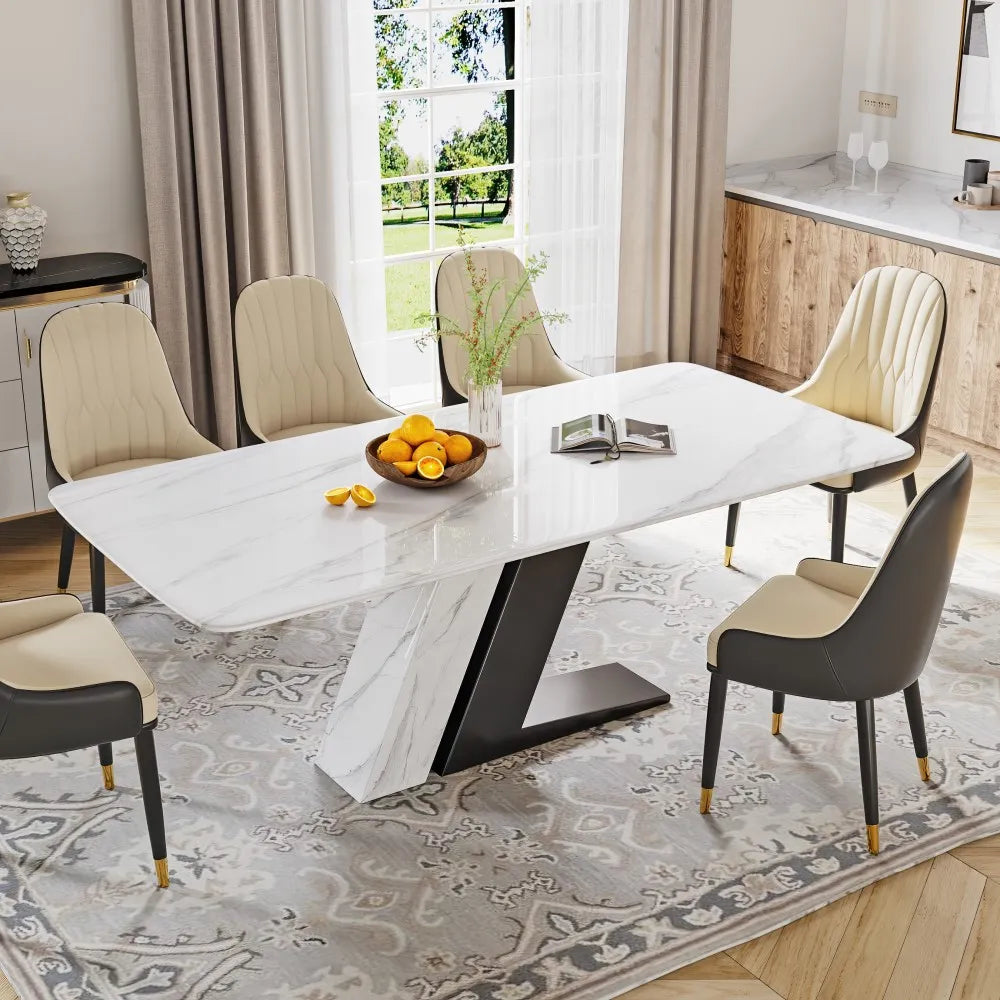 Table à manger rectangulaire blanche de luxe moderne de 71 po pour 4 à 6 personnes