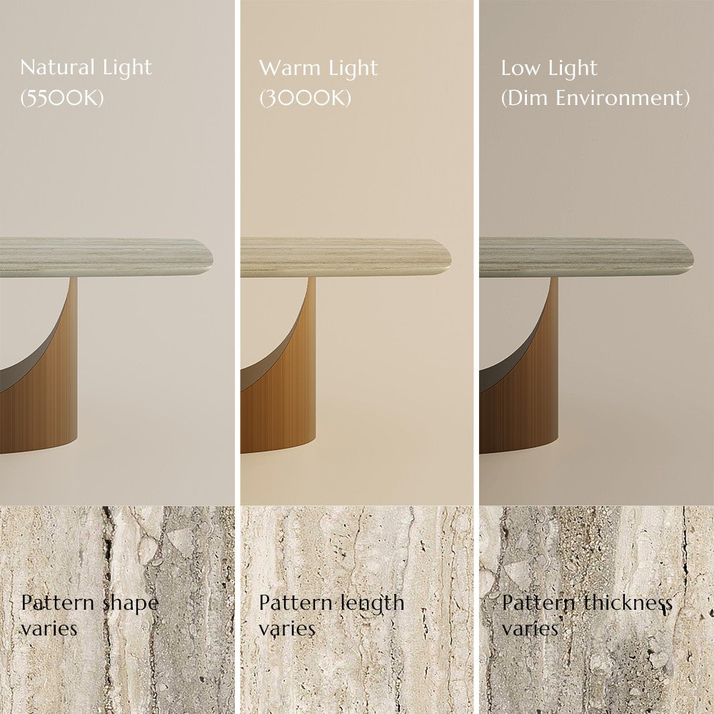 Yellow marble tabletop shown in natural, warm and low light; veining pattern varies