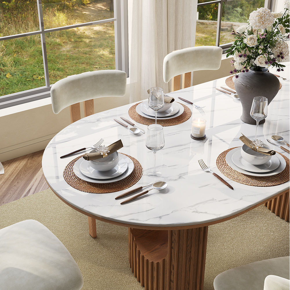 Silva - Table à manger ovale moderne en pierre frittée brillante