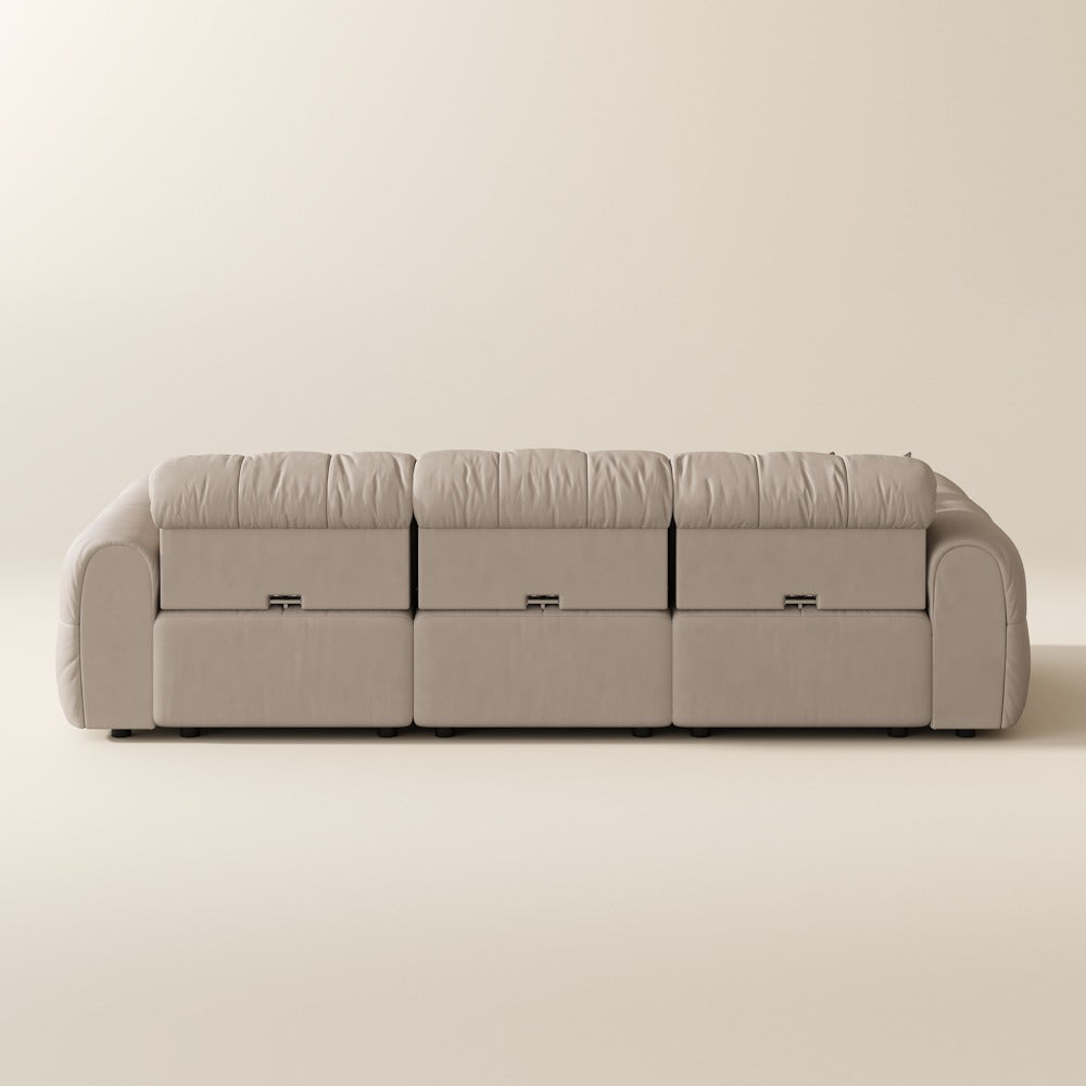 119.5-inch beige leather tufted modular sofa, back view