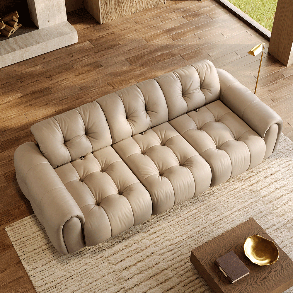 119.5-inch beige leather tufted sofa showing the adjustable back cushions