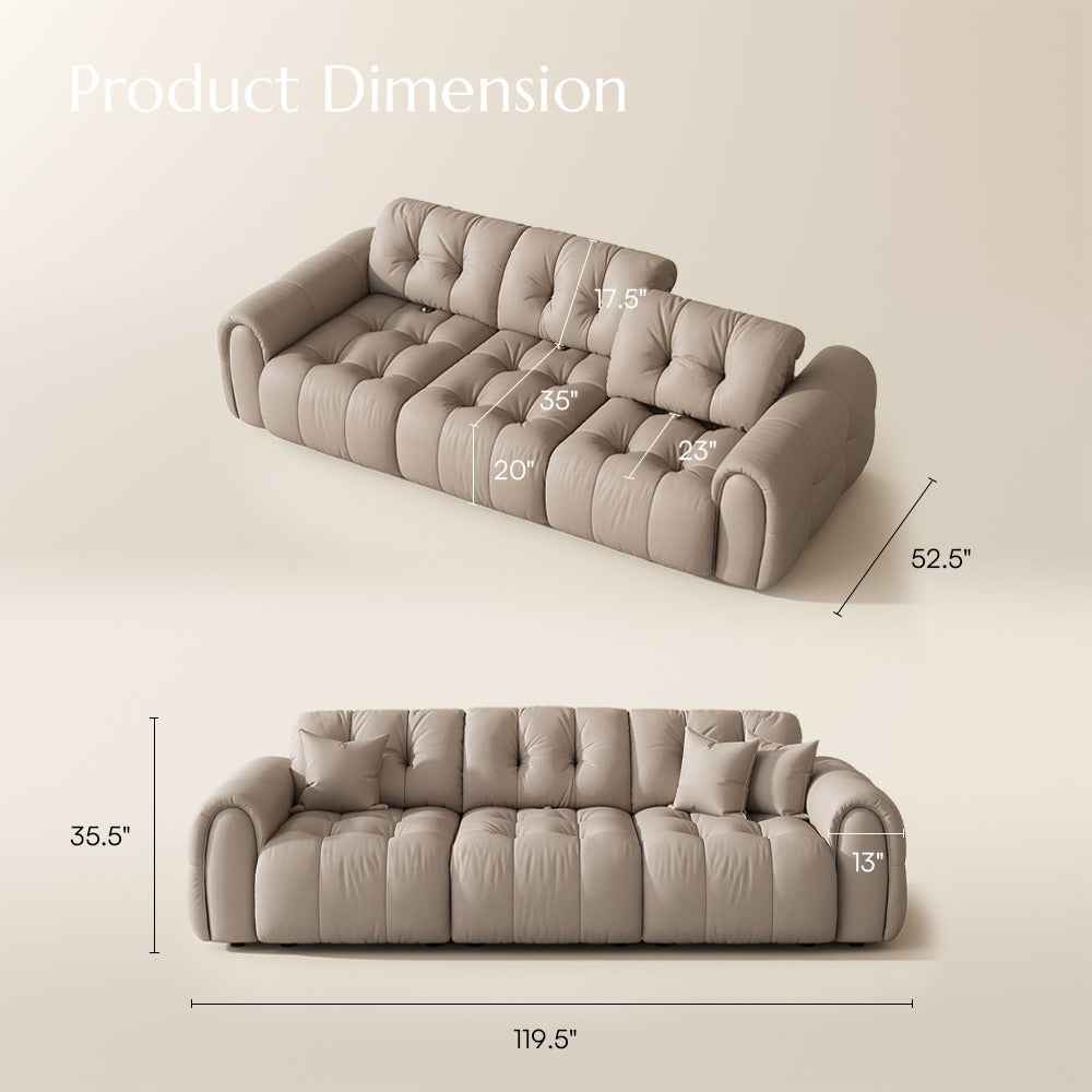 119.5-inch beige leather tufted sofa dimension diagram