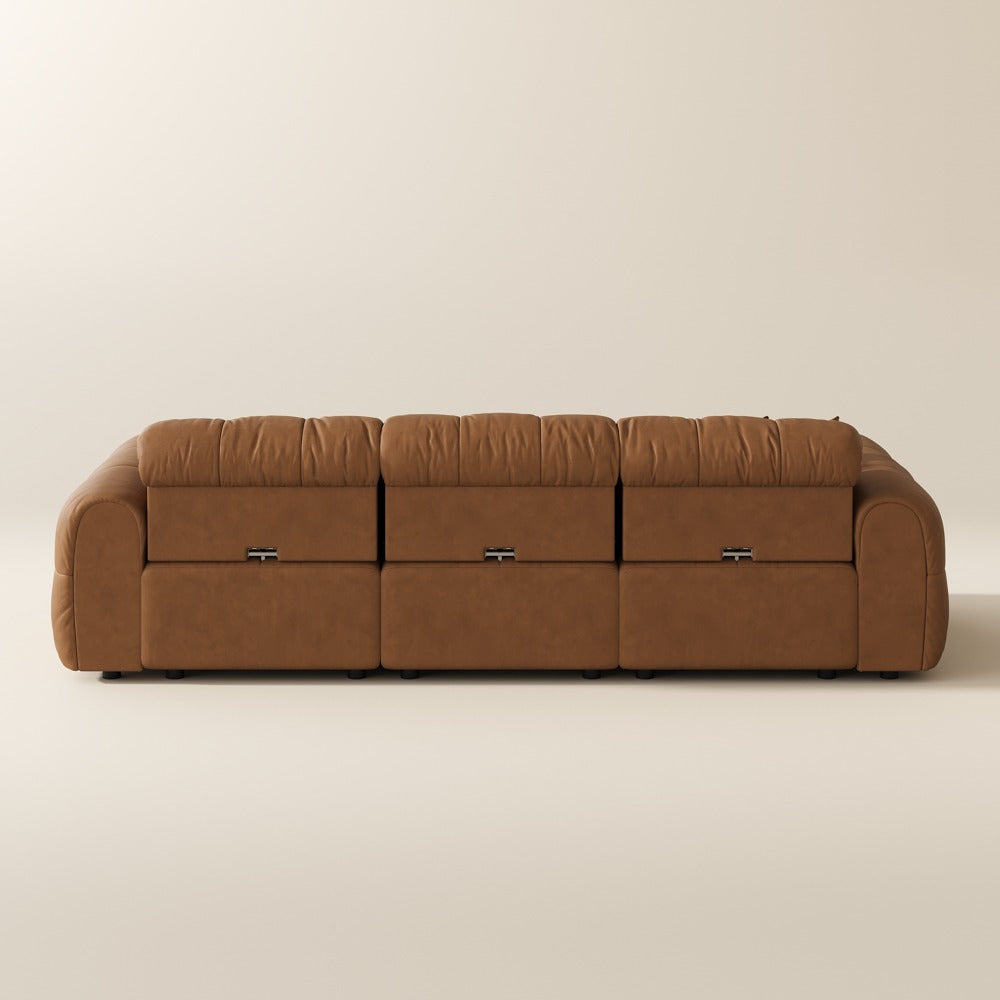 119.5-inch brown leather tufted modular sofa, back view