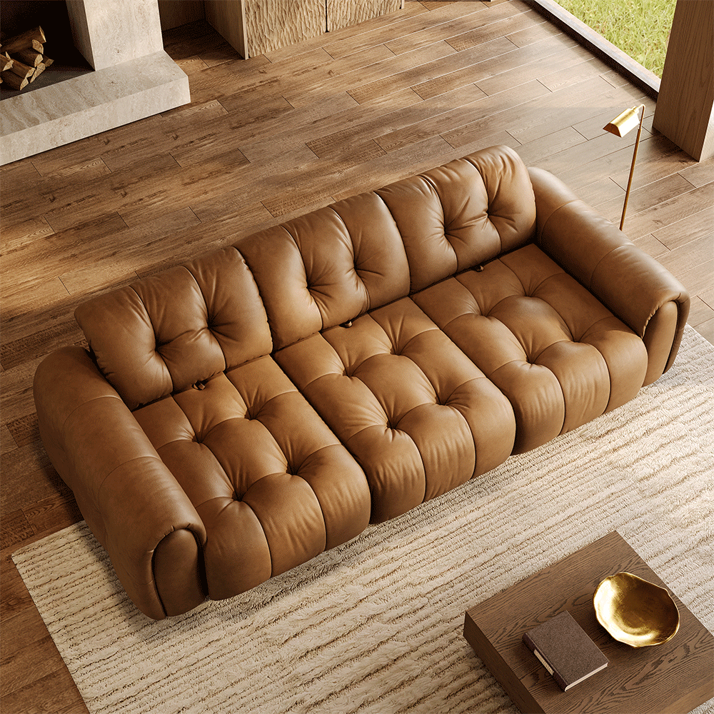 119.5-inch brown leather tufted sofa showing the adjustable back cushions