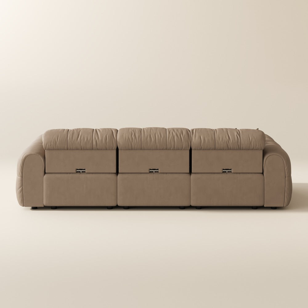 119.5-inch khaki leather tufted modular sofa, back view