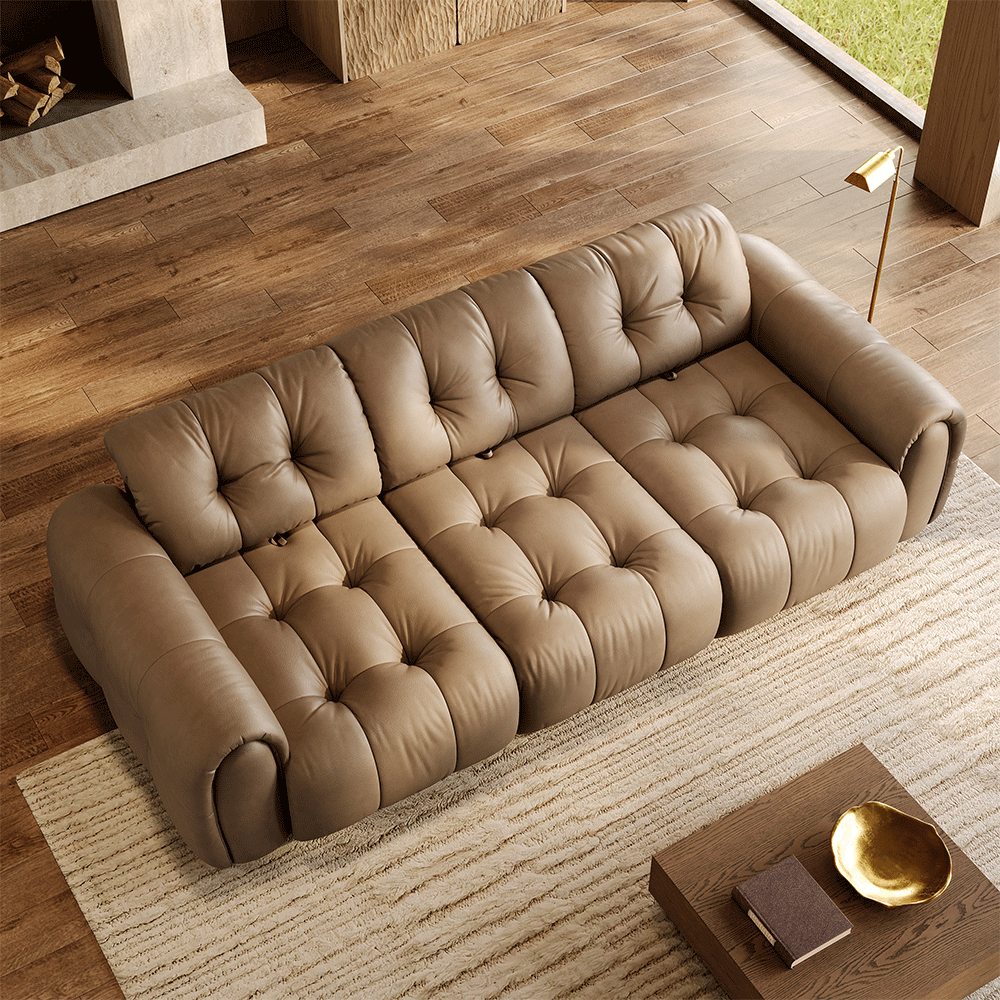 119.5-inch khaki leather tufted sofa showing the adjustable back cushions