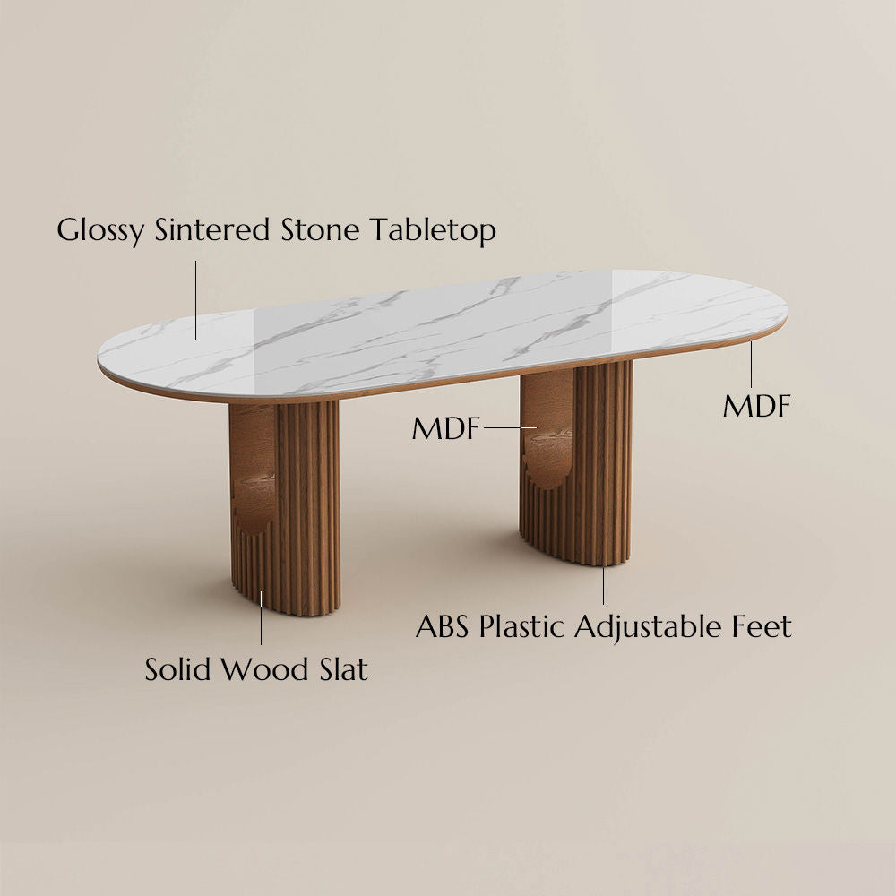 Silva - Table à manger ovale moderne en pierre frittée brillante