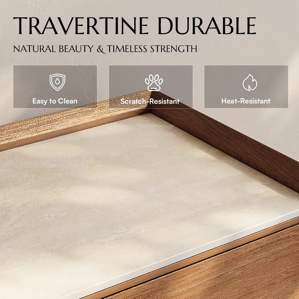 Ansel-78.74" Mid-Century Matte Travertine Stone Tabletop TV Stand