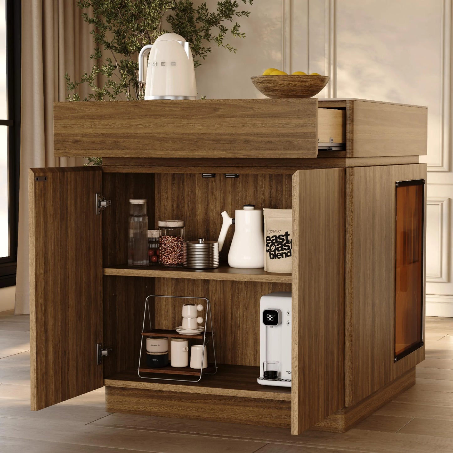 31.5'' Kitchen Island with Matte Travertine Sintered Stone Top & Adjustable LED Lights