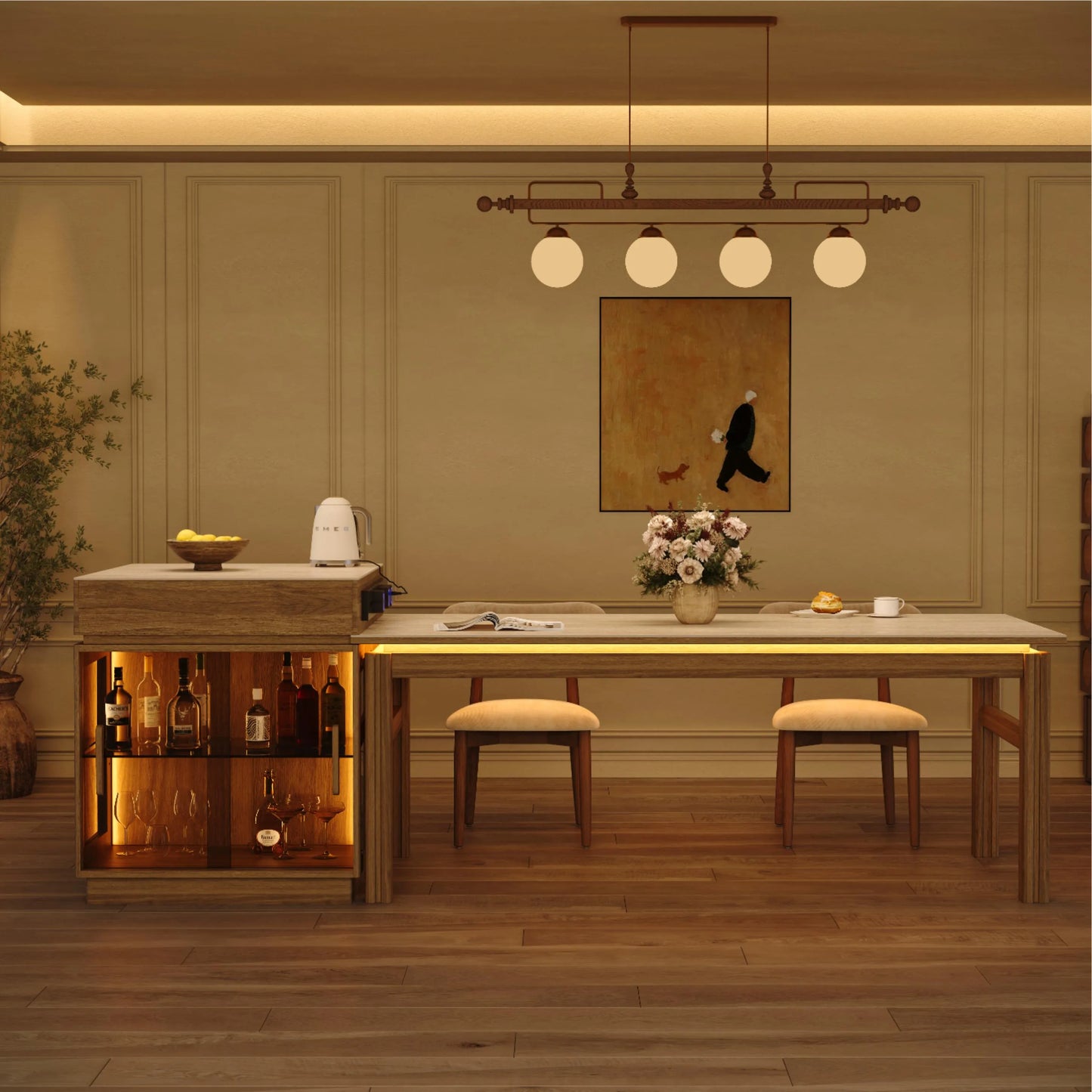 31.5'' Kitchen Island with Matte Travertine Sintered Stone Top & Adjustable LED Lights