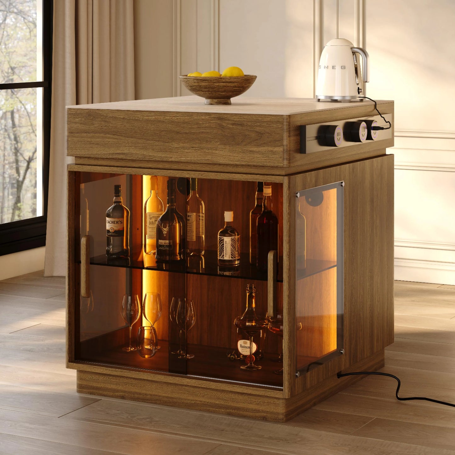 31.5'' Kitchen Island with Matte Travertine Sintered Stone Top & Adjustable LED Lights