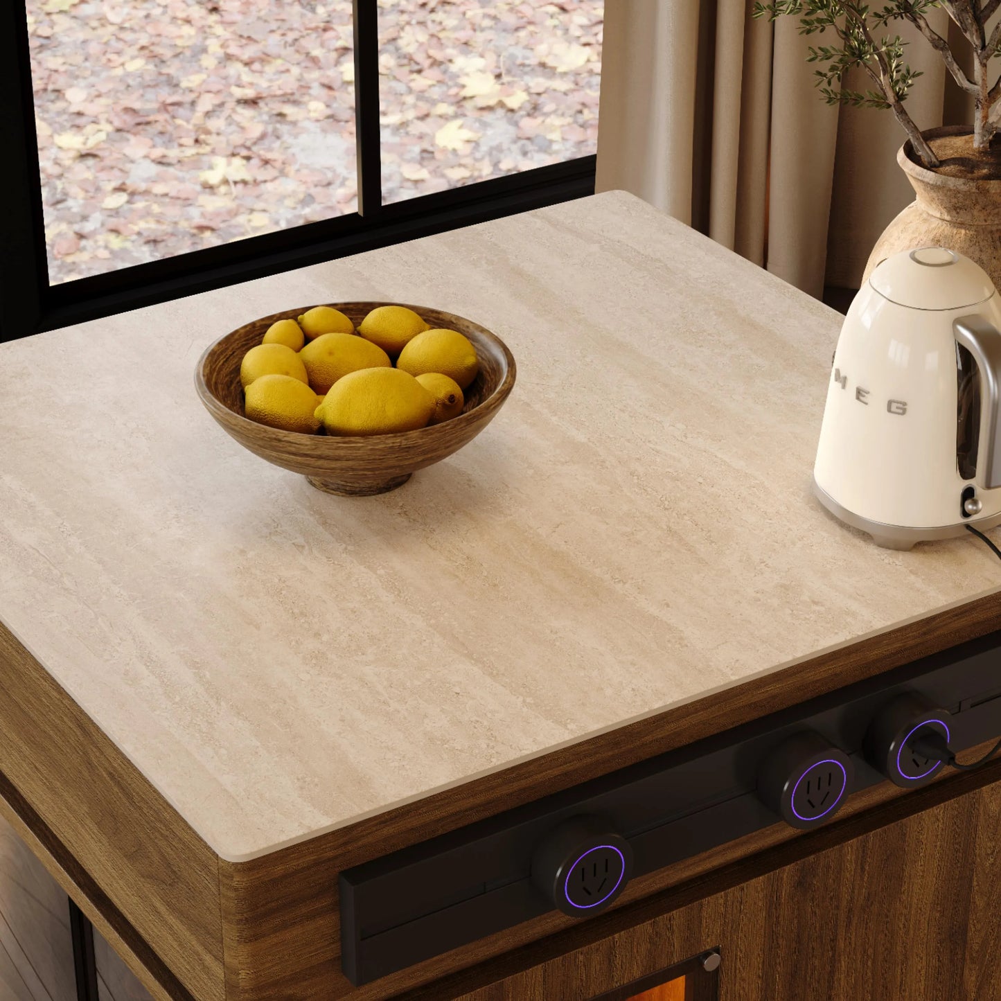 31.5'' Kitchen Island with Matte Travertine Sintered Stone Top & Adjustable LED Lights