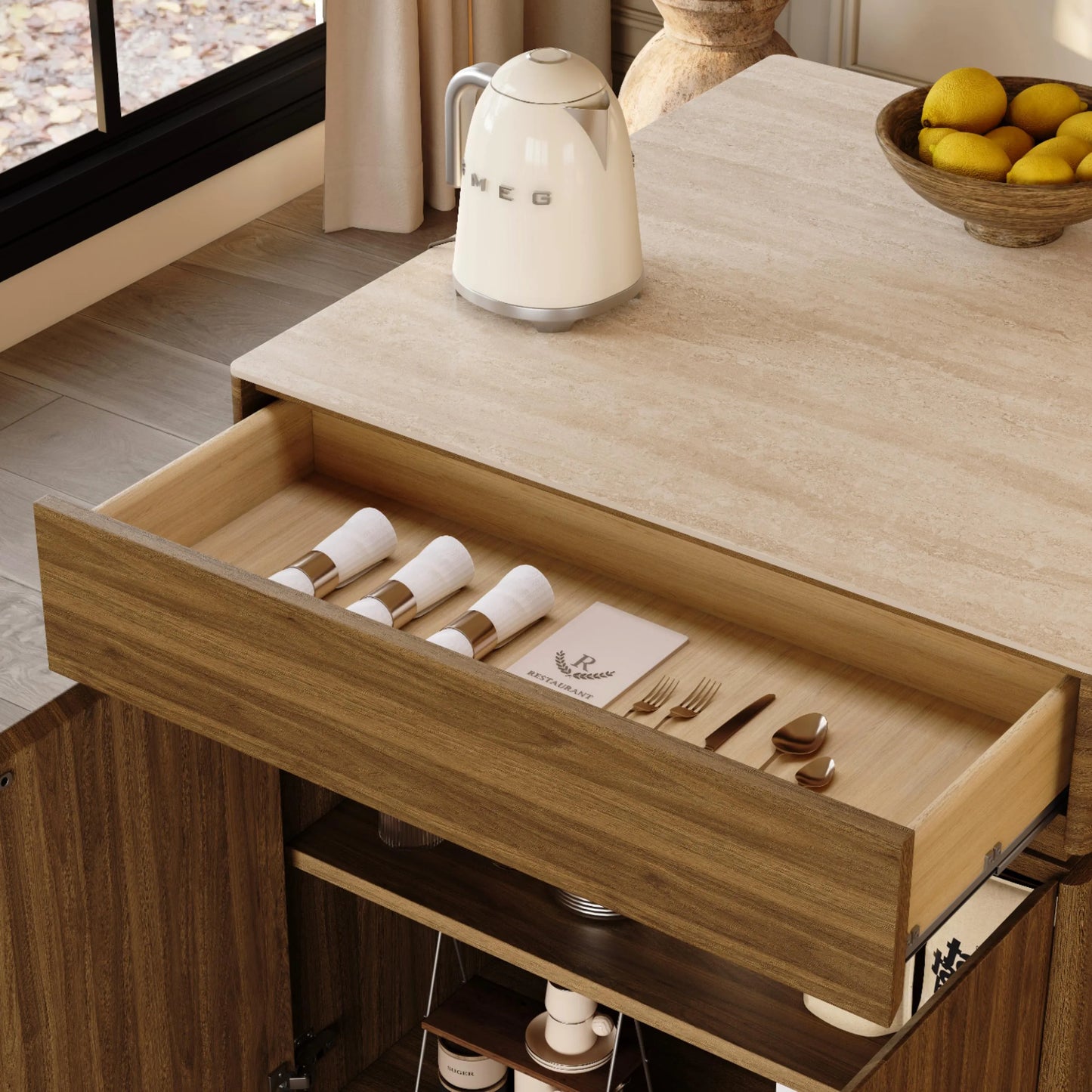 31.5'' Kitchen Island with Matte Travertine Sintered Stone Top & Adjustable LED Lights