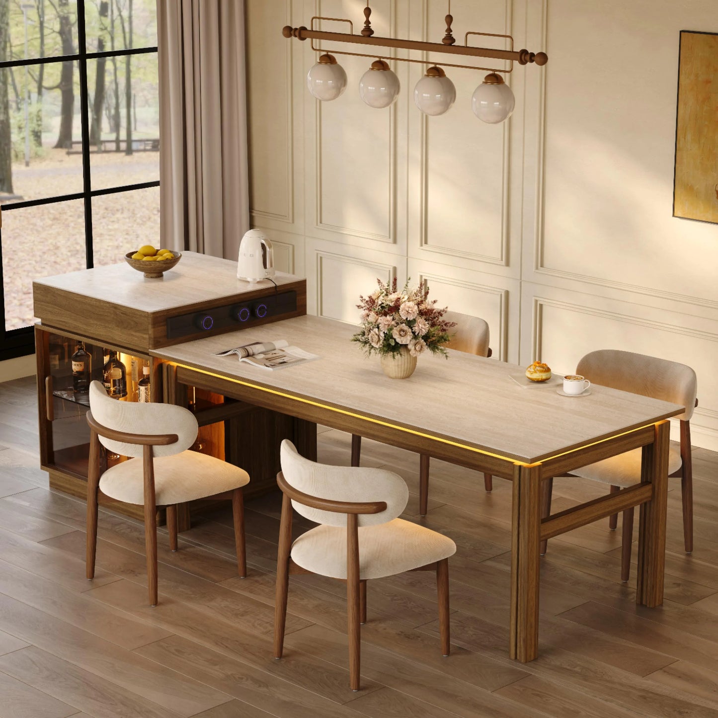 31.5'' Kitchen Island with Matte Travertine Sintered Stone Top & Adjustable LED Lights