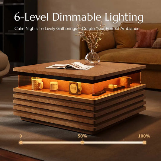 Selene-31" Square Horizontal Slatted Coffee Table with LED Lights