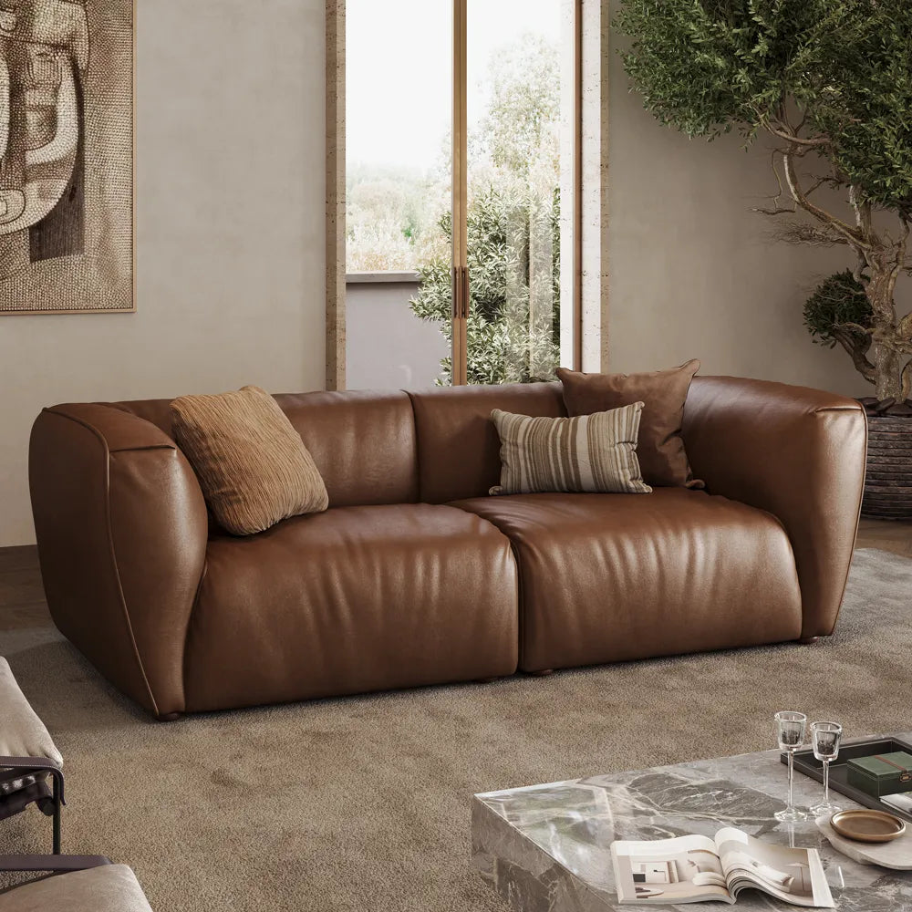 122 Inch Brown Genuine Leather Loveseat Sofa Mid Century Modern Couch