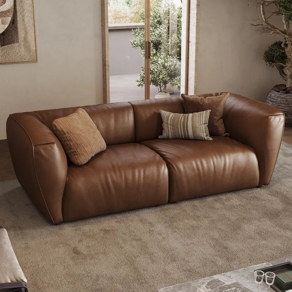 Brown Genuine Leather Loveseat Sofa Mid Century Modern Couch — view 6