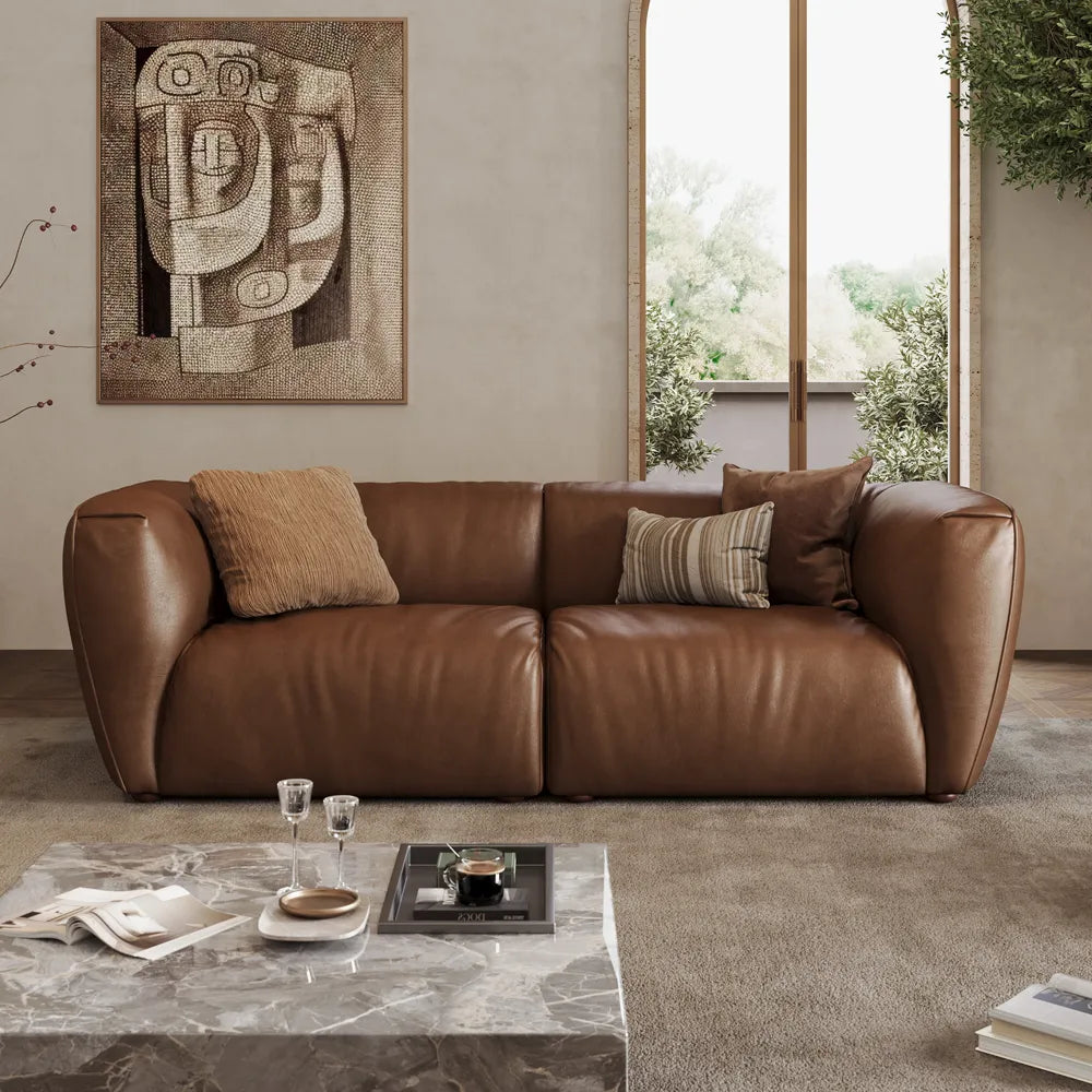 Brown Genuine Leather Loveseat Sofa Mid Century Modern Couch — view 7
