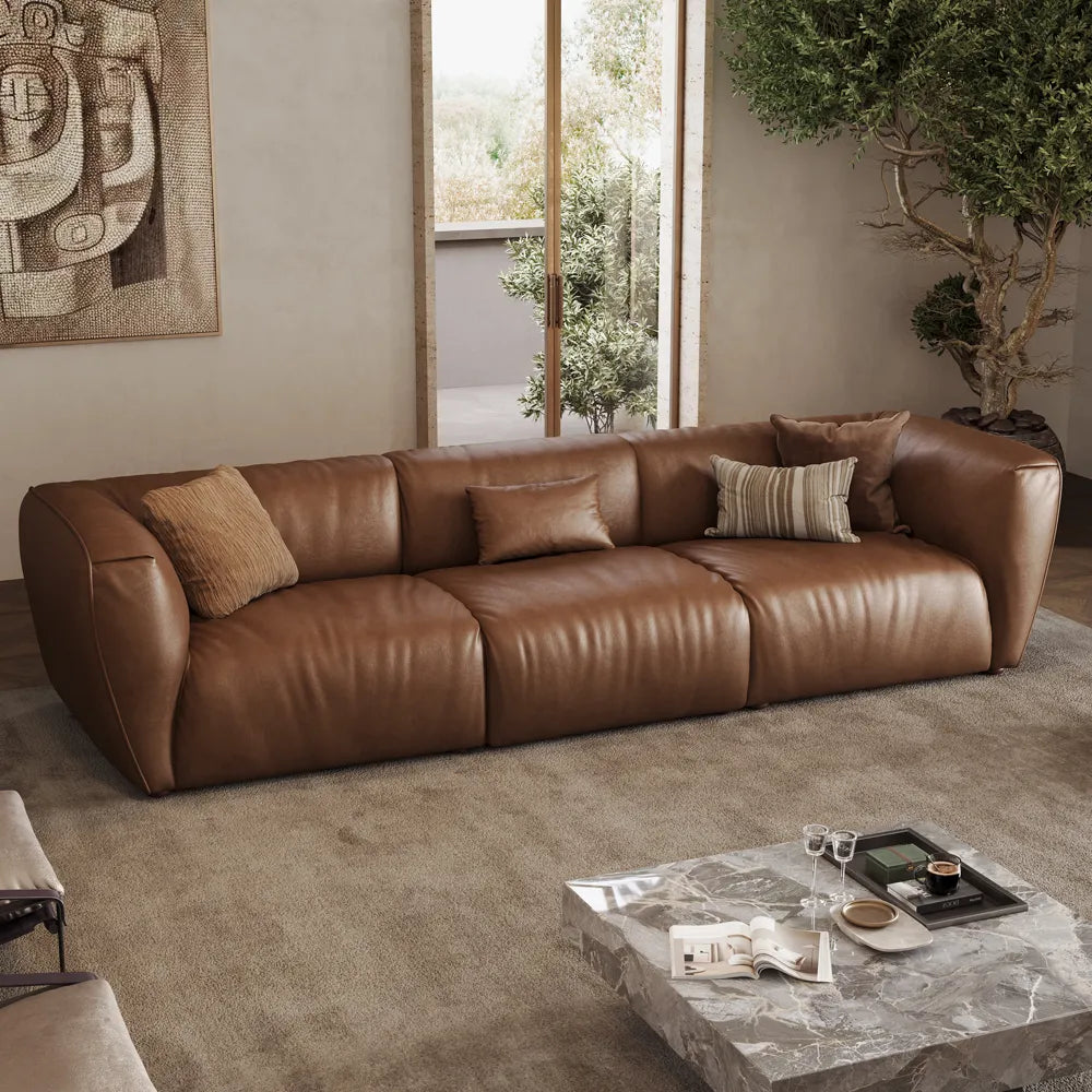 122 Inch Brown Genuine Leather Loveseat Sofa Mid Century Modern Couch