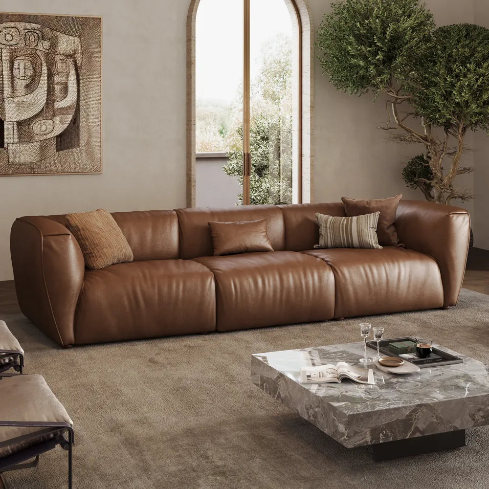 122 Inch Brown Genuine Leather Loveseat Sofa Mid Century Modern Couch