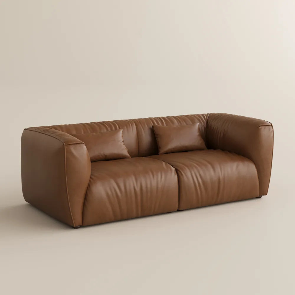 Brown Genuine Leather Loveseat Sofa Mid Century Modern Couch — view 1