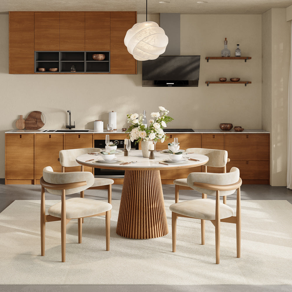 Silva – Table à manger ronde moderne du milieu du siècle en pierre frittée brillante