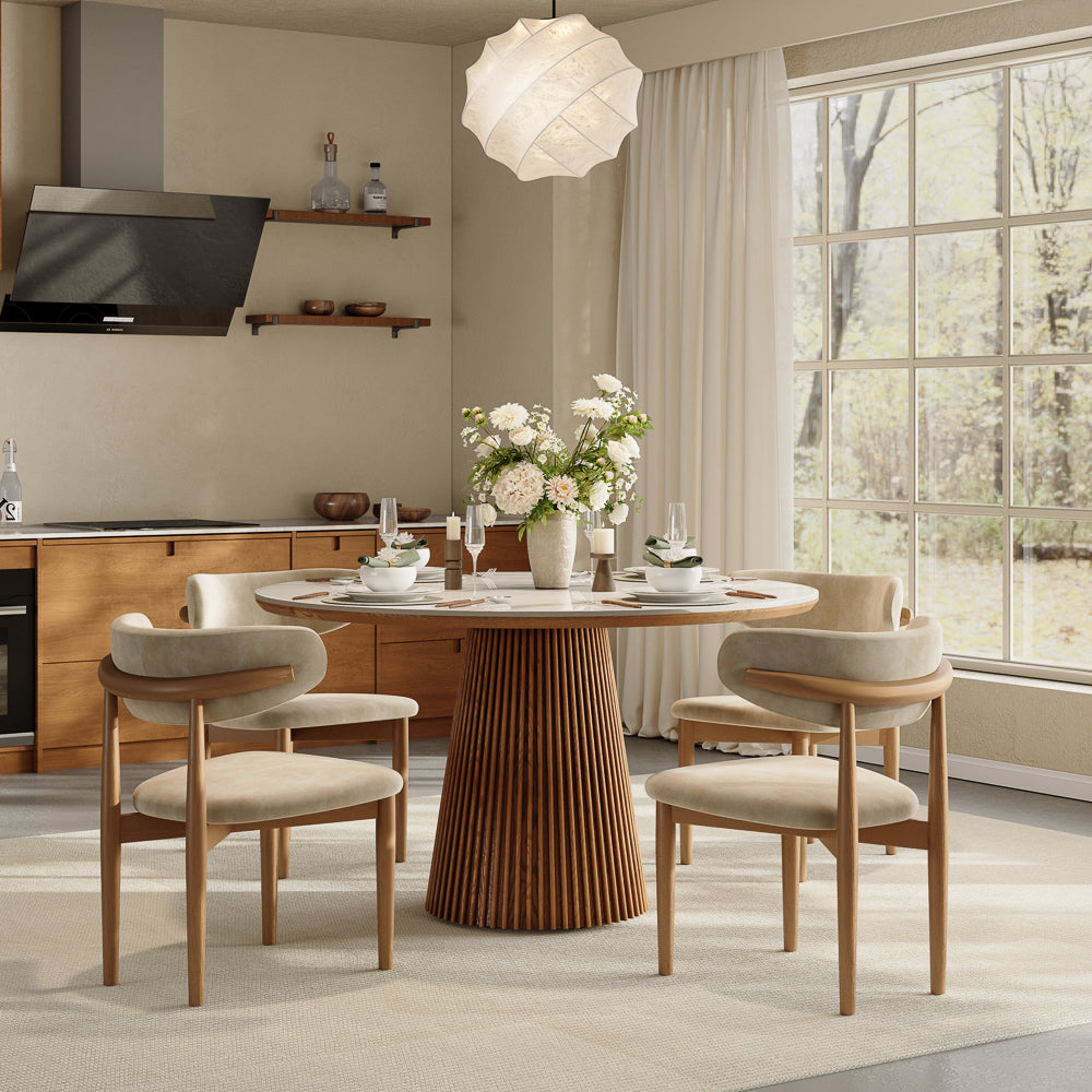 Silva – Table à manger ronde moderne du milieu du siècle en pierre frittée brillante