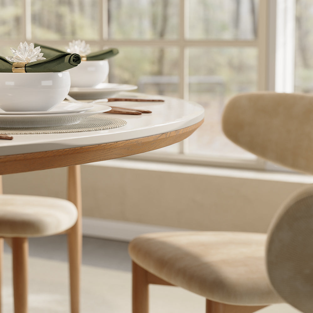 Silva – Table à manger ronde moderne du milieu du siècle en pierre frittée brillante