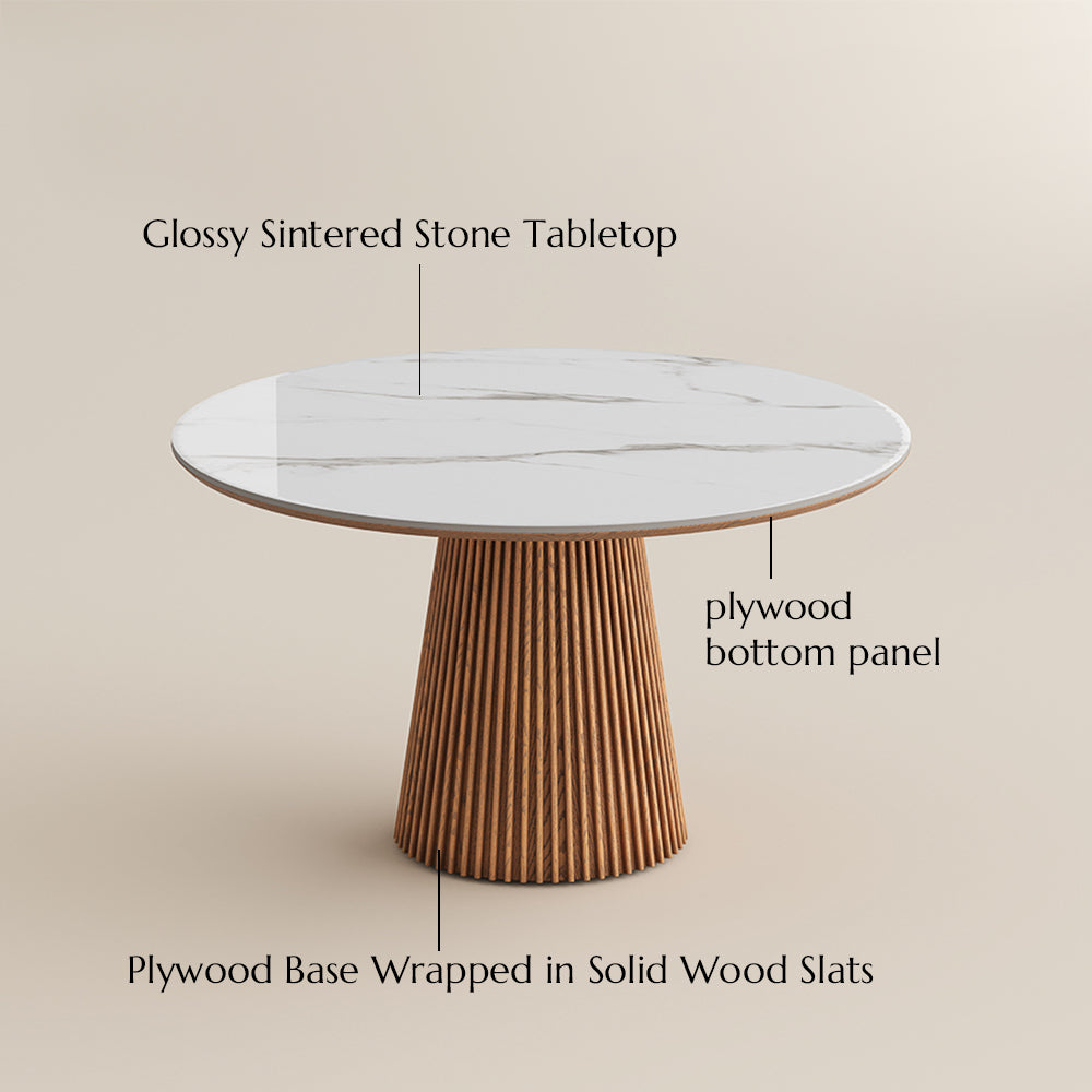 Silva – Table à manger ronde moderne du milieu du siècle en pierre frittée brillante