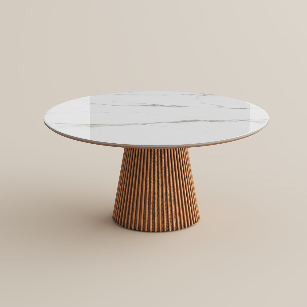 Silva – Table à manger ronde moderne du milieu du siècle en pierre frittée brillante