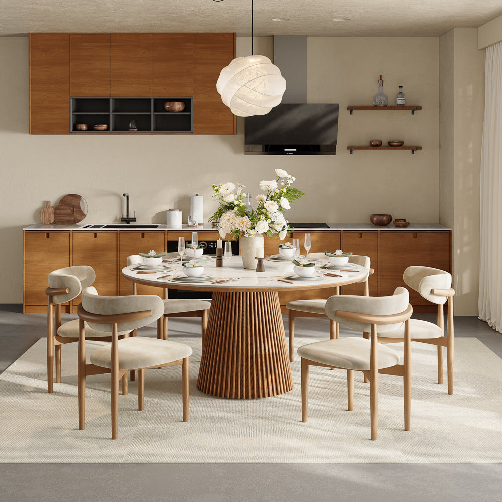 Silva – Table à manger ronde moderne du milieu du siècle en pierre frittée brillante