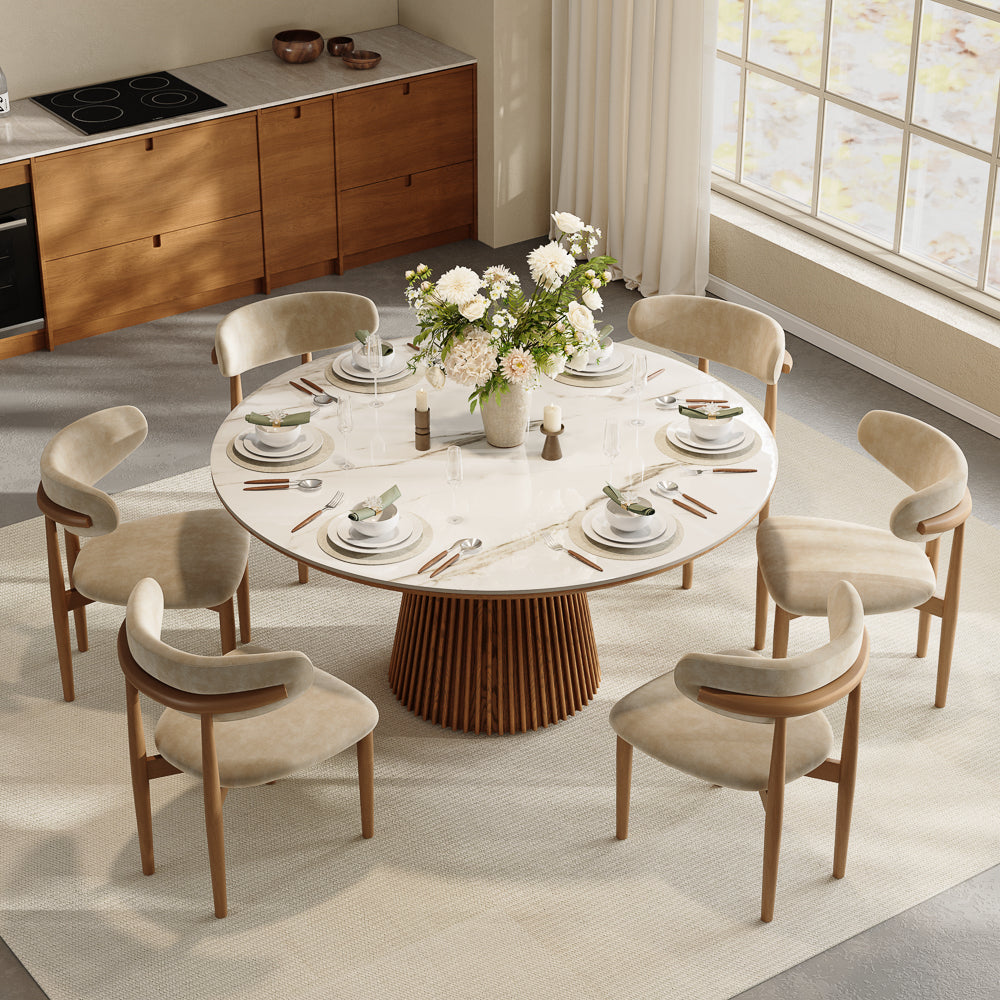 Silva – Table à manger ronde moderne du milieu du siècle en pierre frittée brillante