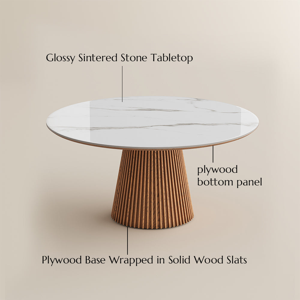 Silva – Table à manger ronde moderne du milieu du siècle en pierre frittée brillante