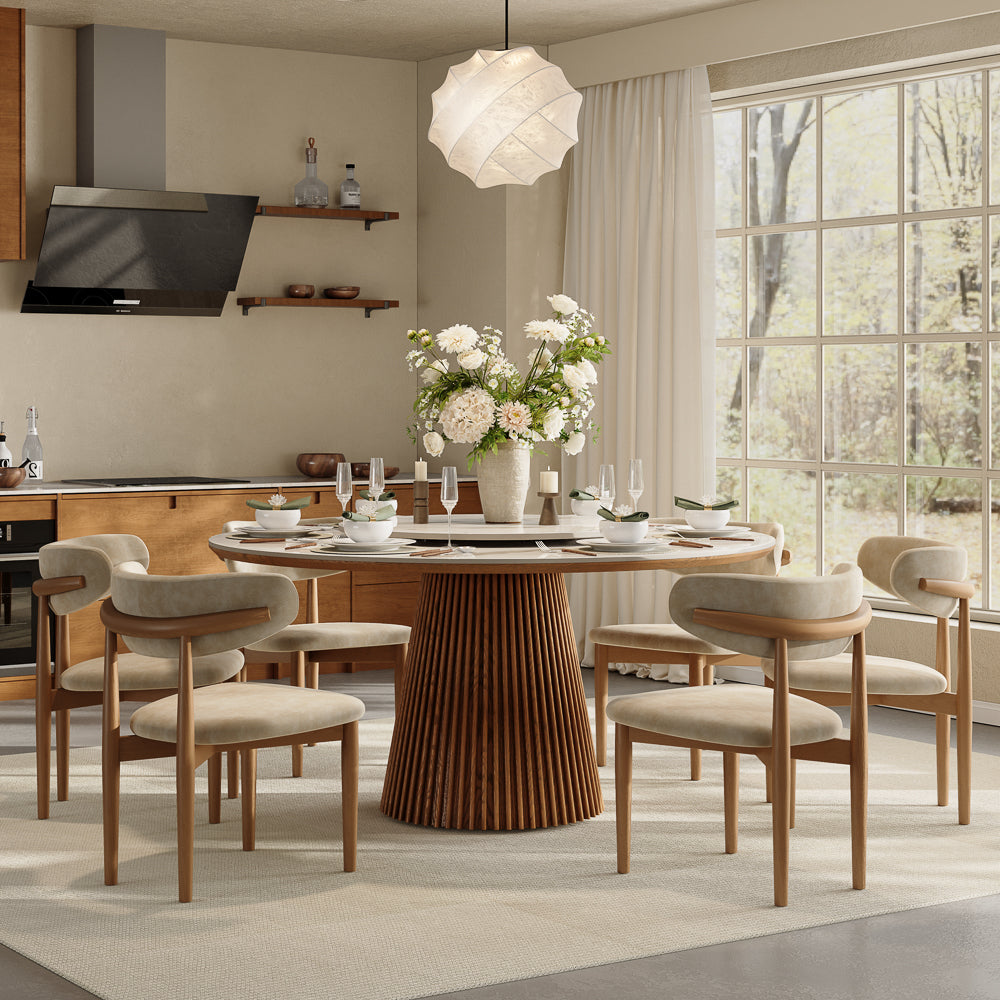 Silva – Table à manger ronde moderne du milieu du siècle en pierre frittée brillante