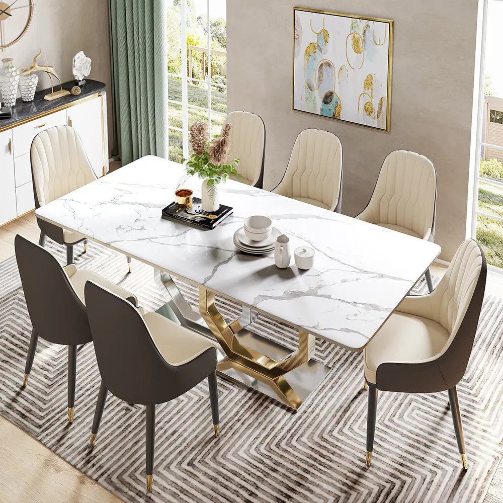 Table à manger moderne en faux marbre blanc 
