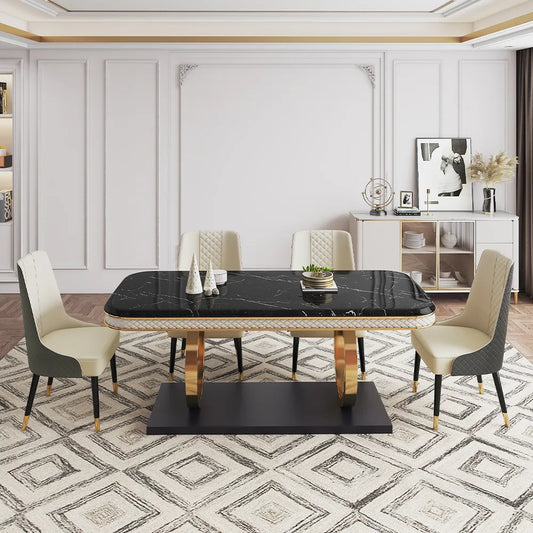Table à manger moderne en faux marbre noir de 55 po pour 4 personnes 