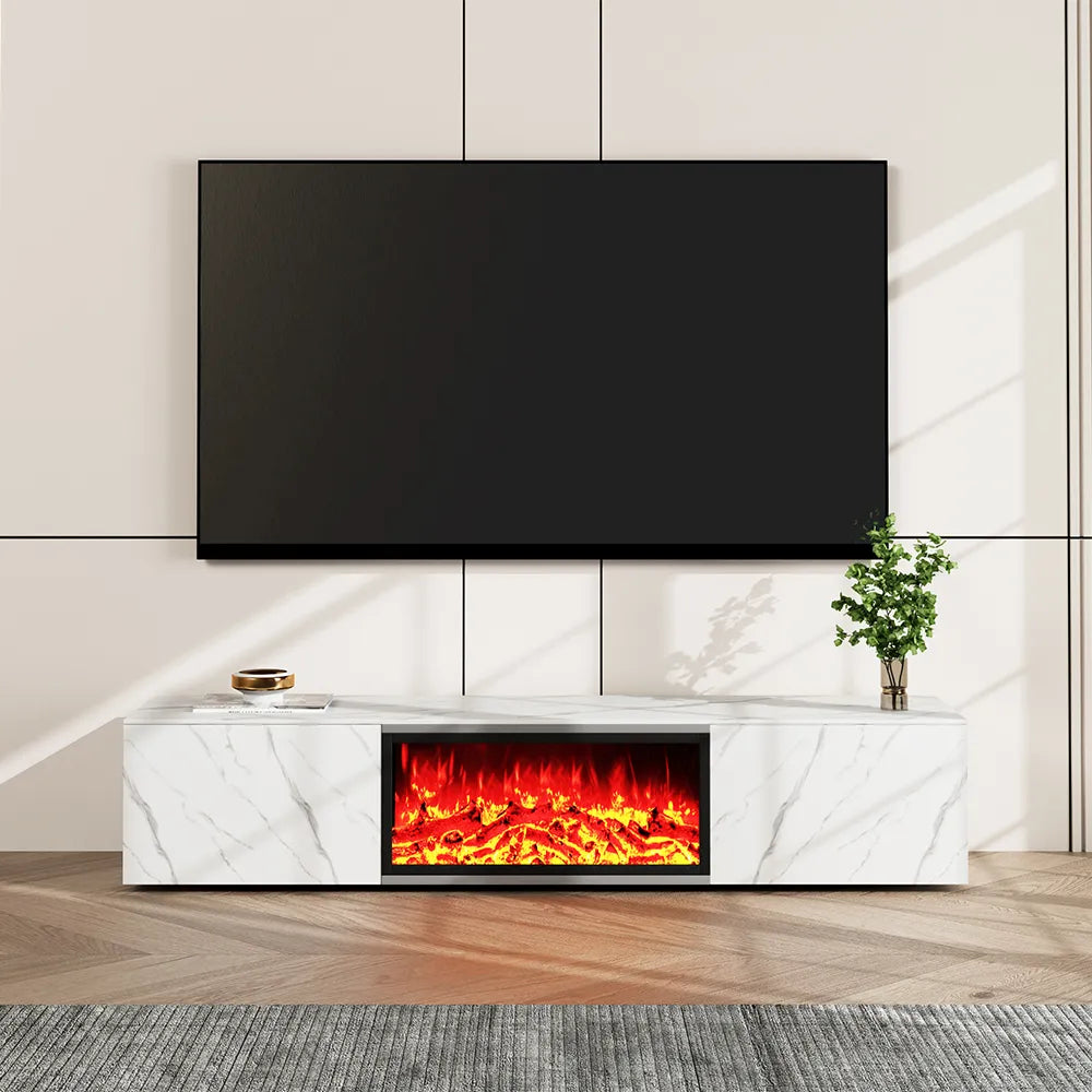 Meuble TV avec cheminée électrique de luxe moderne et lumineuse avec effets de flamme LED 