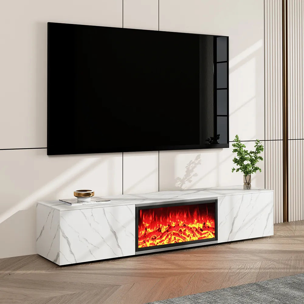 Meuble TV avec cheminée électrique de luxe moderne et lumineuse avec effets de flamme LED 
